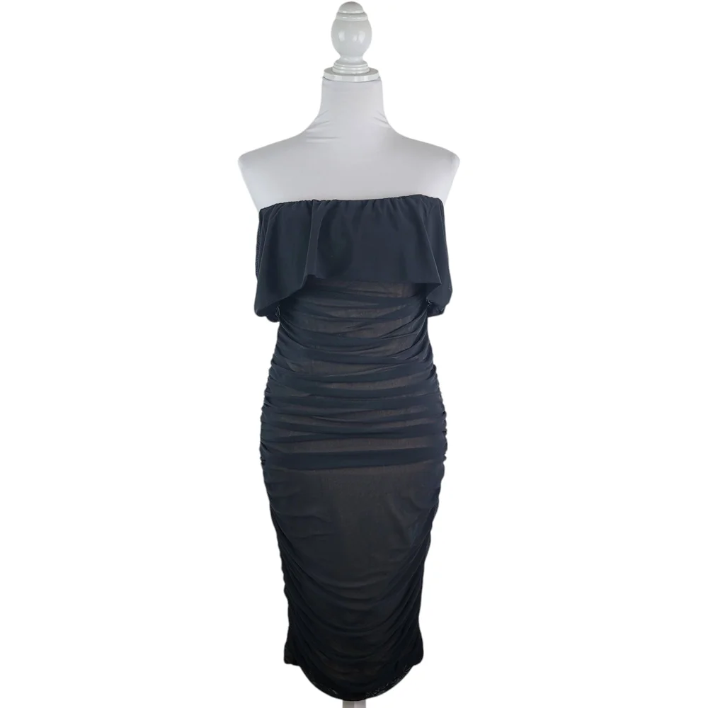 Off-Shoulder Black Ruched Bodycon Dress - Picture 2 of 11